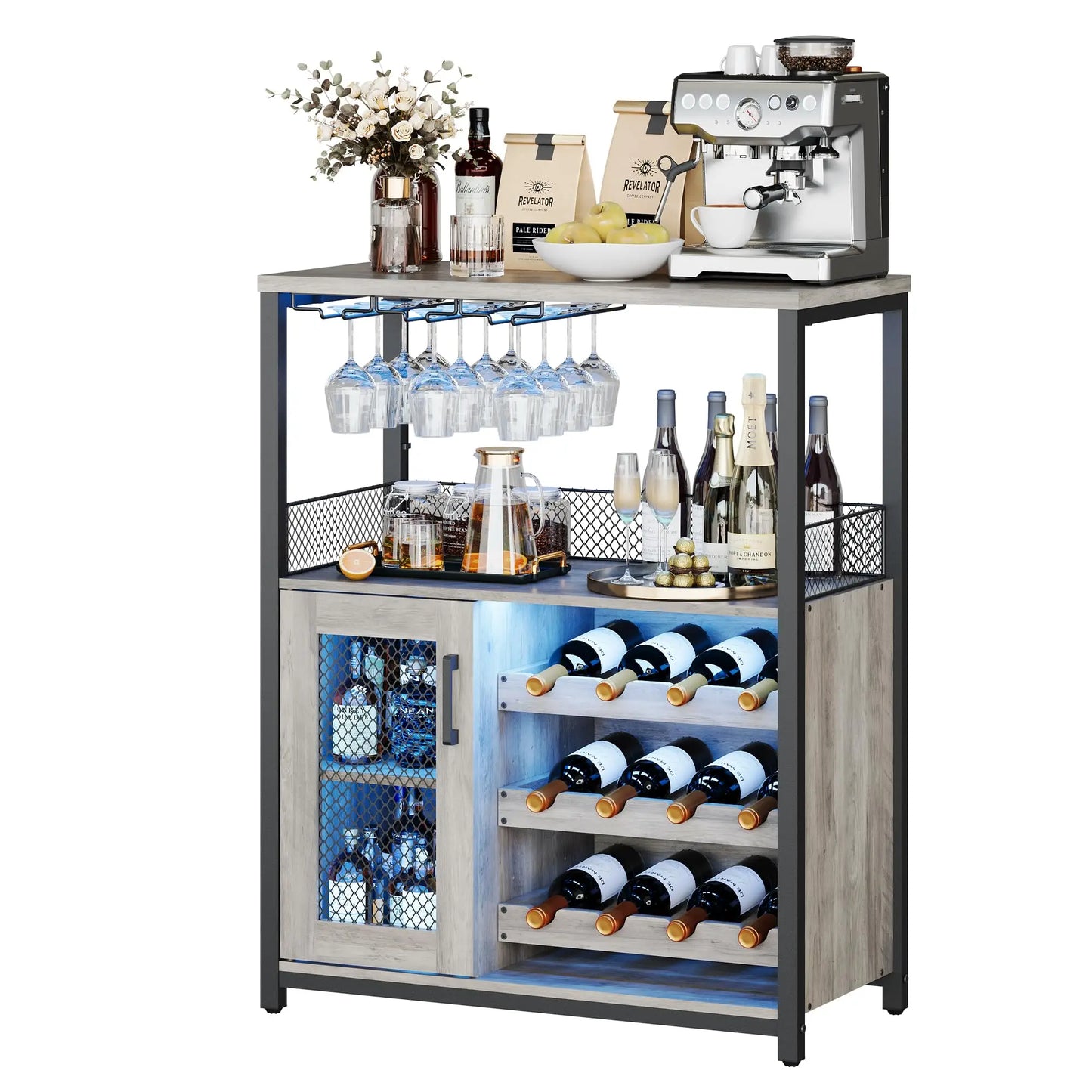 Wine Bar Cabinet With Adjustable Shelves & Glass Holders