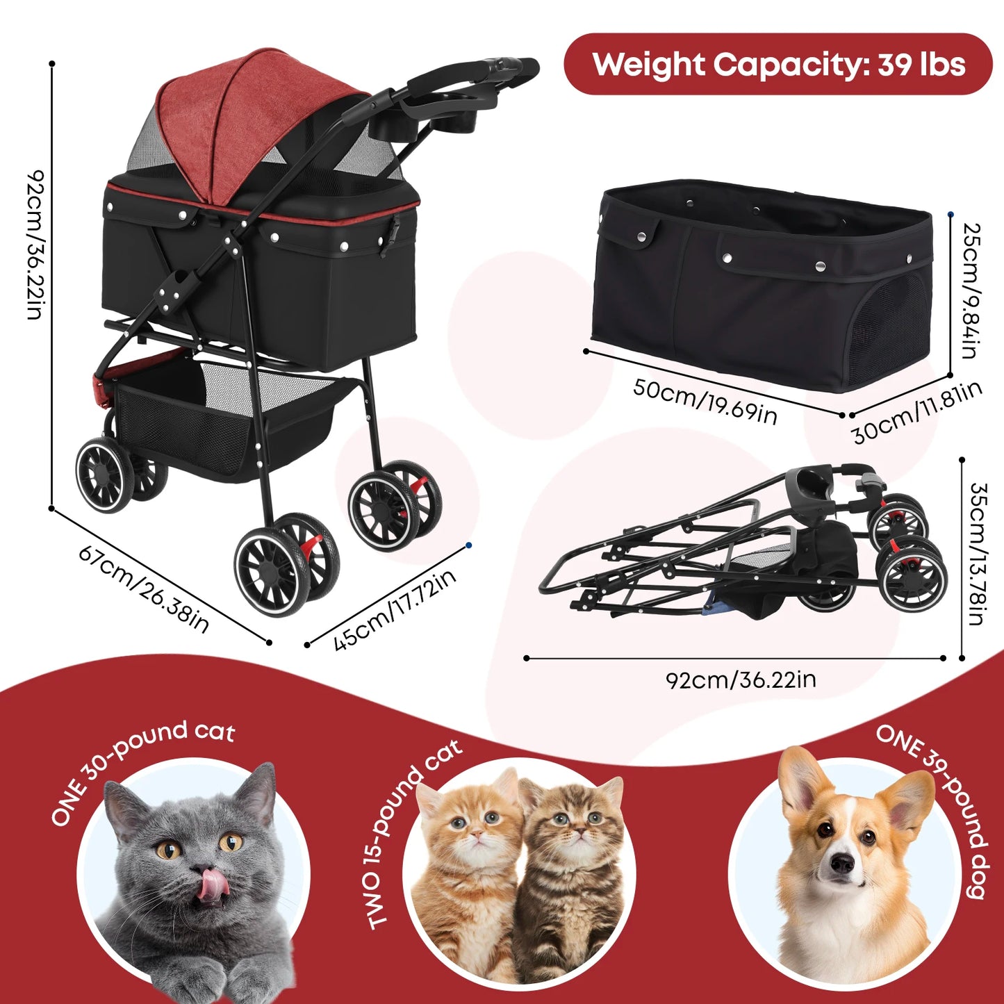 Pet Stroller, Foldable with Breathable Mesh Canopy
