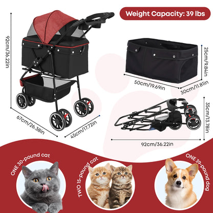 Pet Stroller, Foldable with Breathable Mesh Canopy