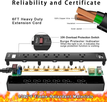 6Ft Power Strip Surge Protector