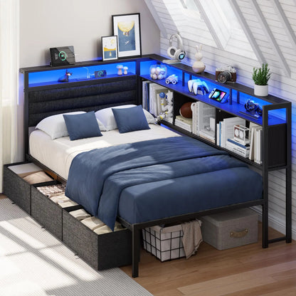 Bed Frame with Headboard and Storage Drawers, Metal Platform