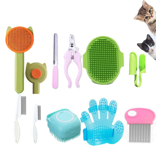 Pet Grooming Kit: Self-Cleaning Brush, Massage Glove, Nail Clipper & Flea Comb