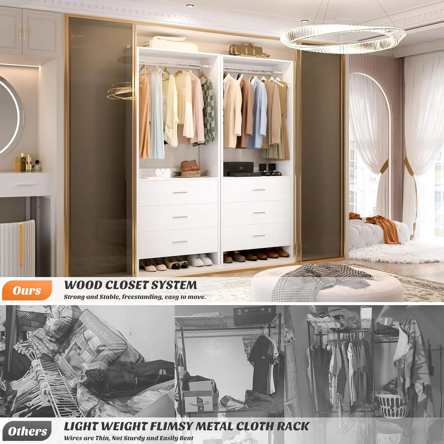 8FT Wood Closet Organizer System with Hanging Rods
