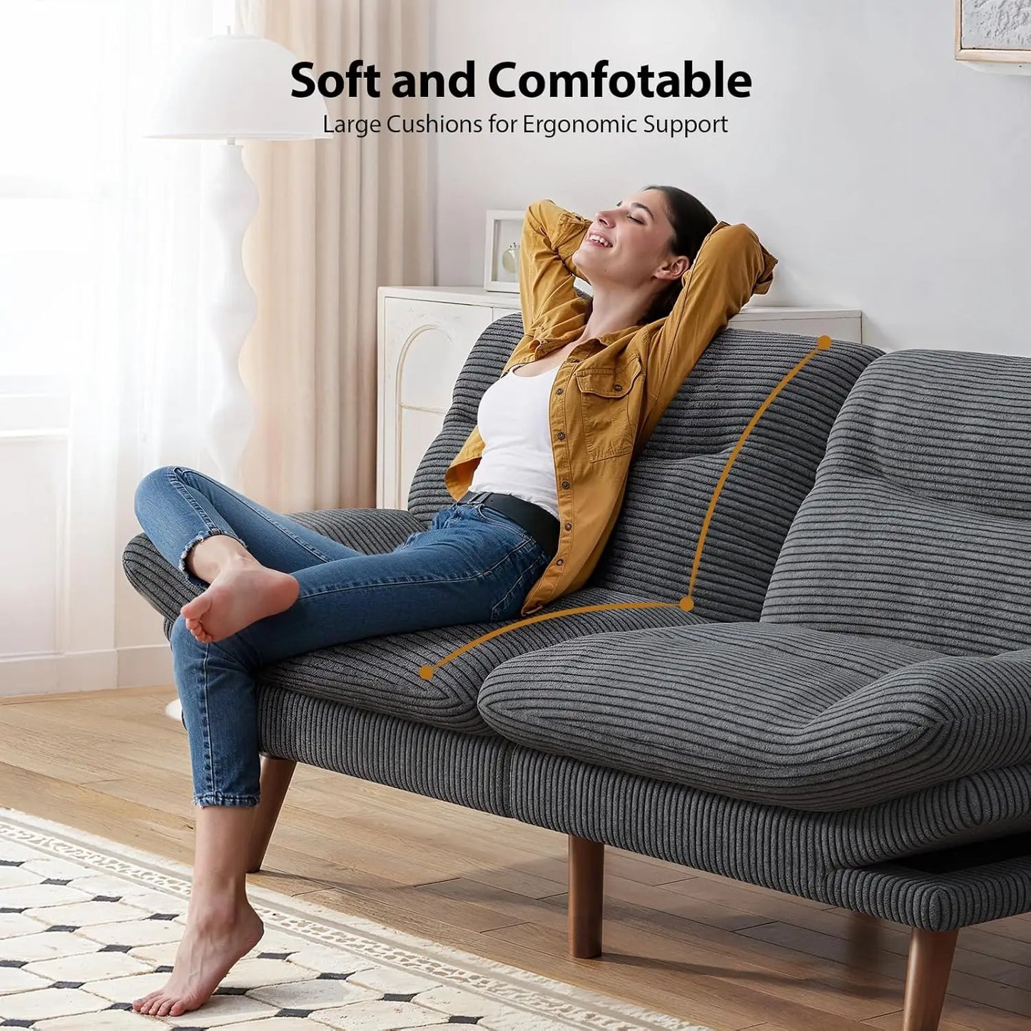 Futon Sofa Bed, 66 Inch Corduroy Futon Couch Convertible with Adjustable Backrest and Armrests, Recliner Sleeper, Customized