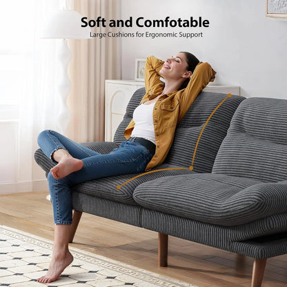 Futon Sofa Bed, 66 Inch Corduroy Futon Couch Convertible with Adjustable Backrest and Armrests, Recliner Sleeper, Customized