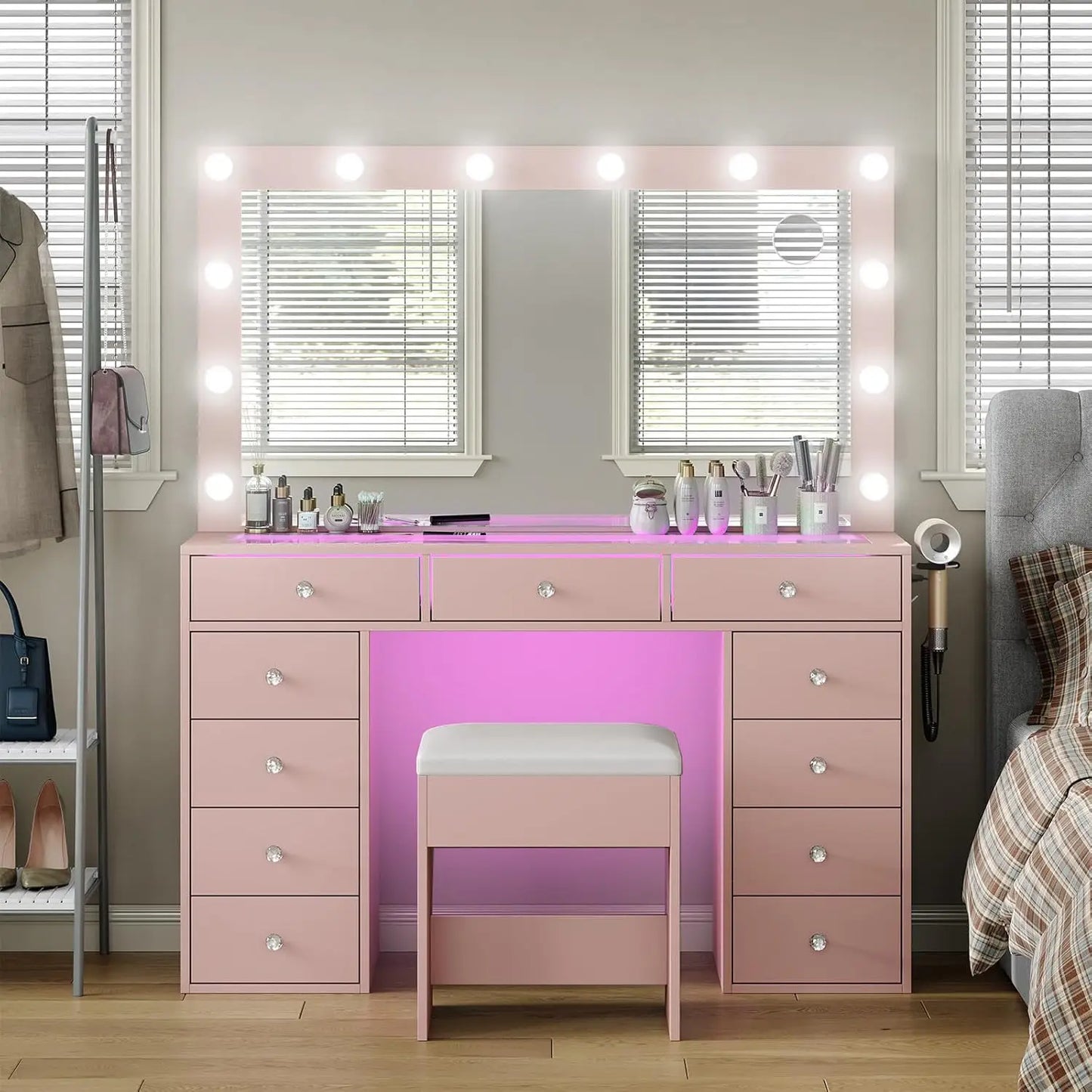 Vanity Desk with Lights, 47 Inch Mirror, and Drawers