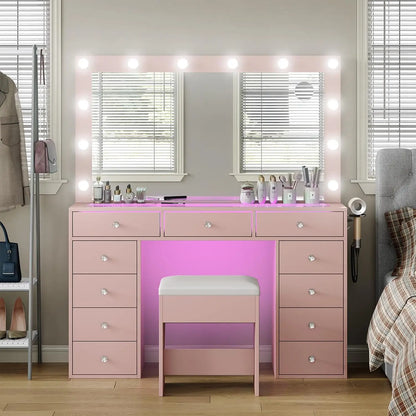 Vanity Desk with Lights, 47 Inch Mirror, and Drawers