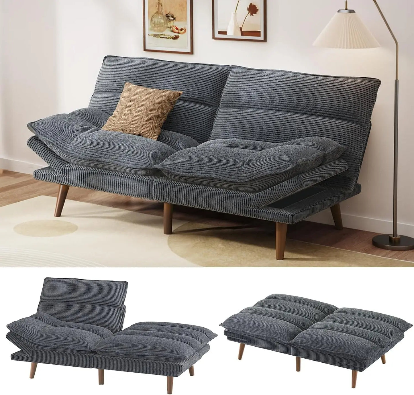 Futon Sofa Bed, 66 Inch Corduroy Futon Couch Convertible with Adjustable Backrest and Armrests, Recliner Sleeper, Customized