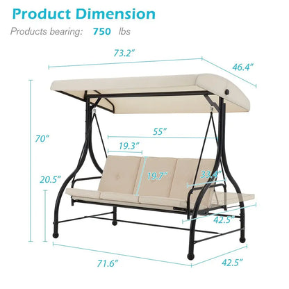 3Seat Outdoor Patio Swing With Canopy