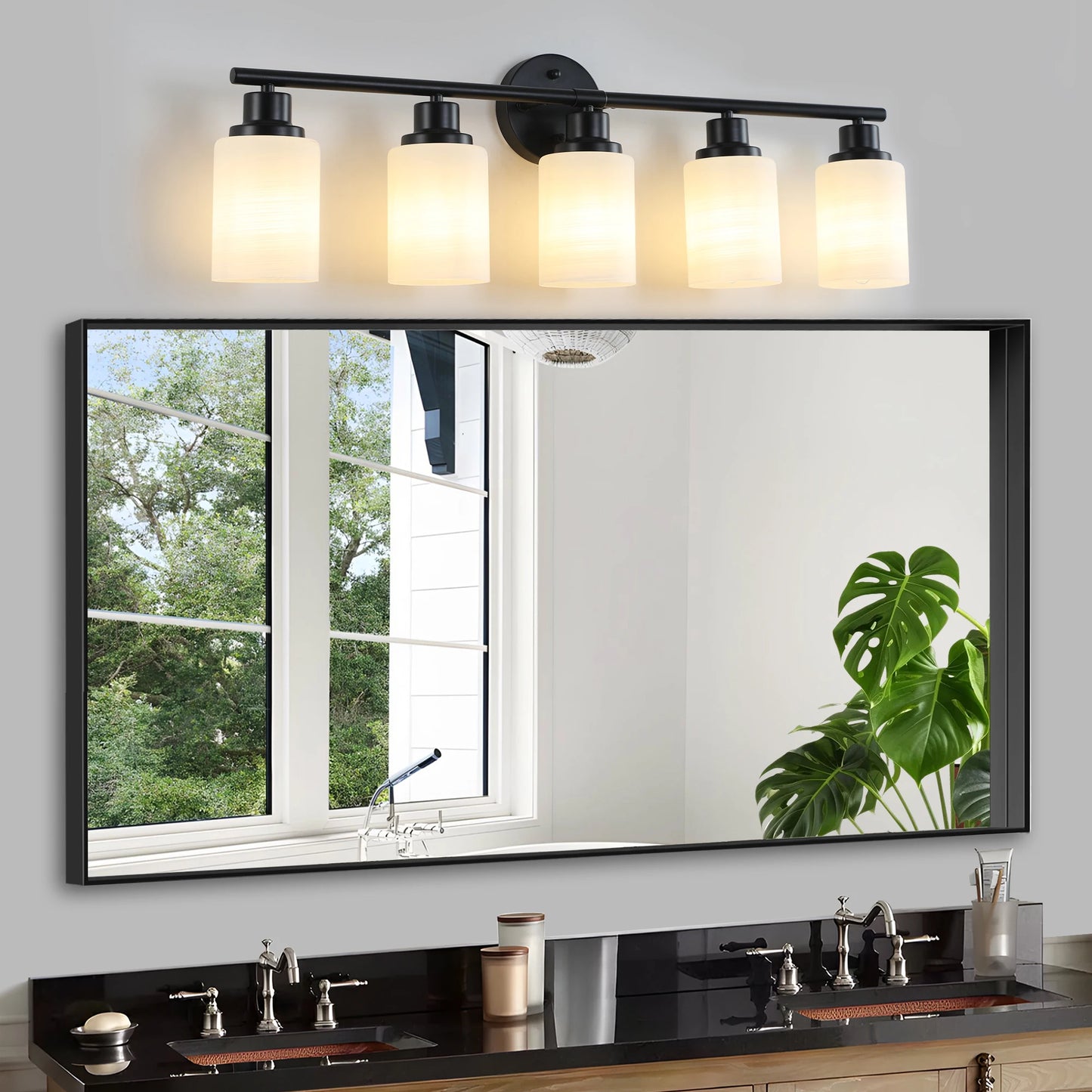 Bathroom Mirror Light, Frosted White Glass Lampshades with Black Iron Frame