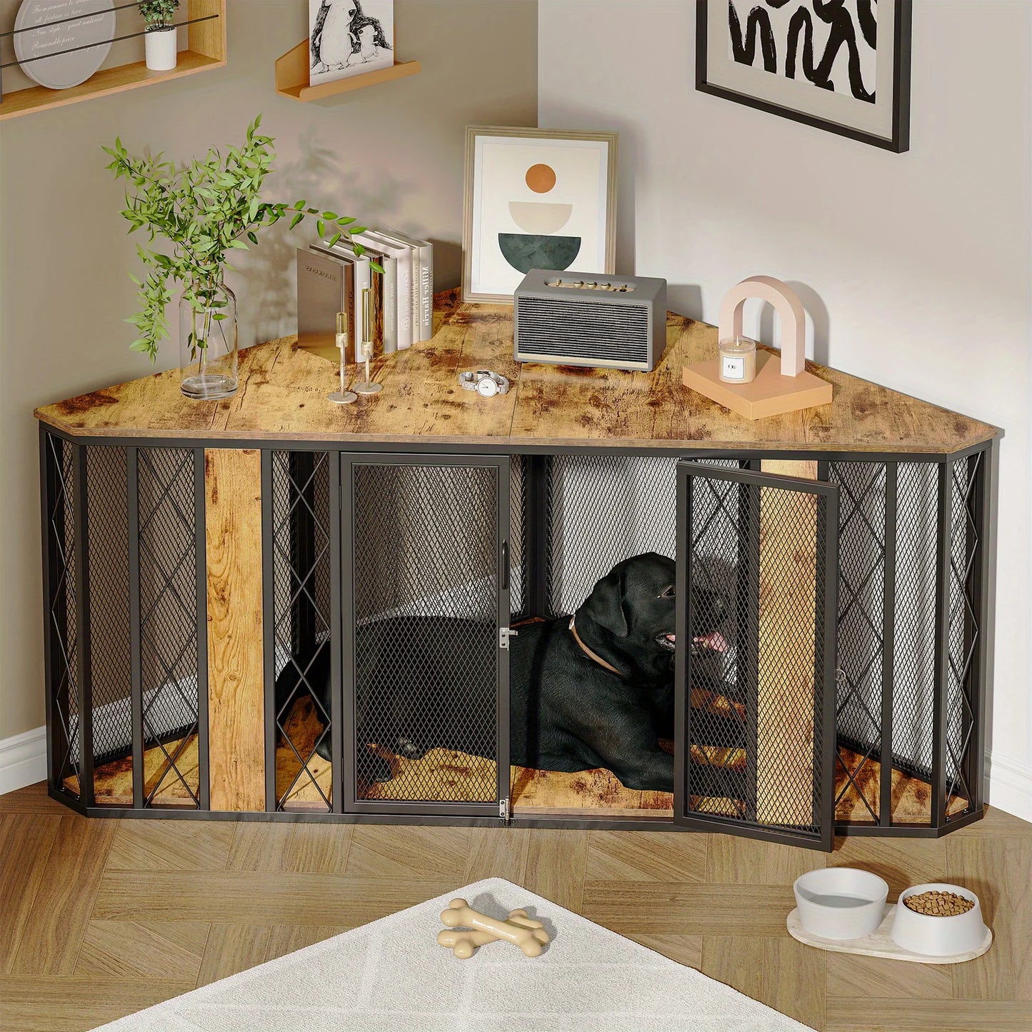 Corner Dog Crate, Sturdy Wooden Cage