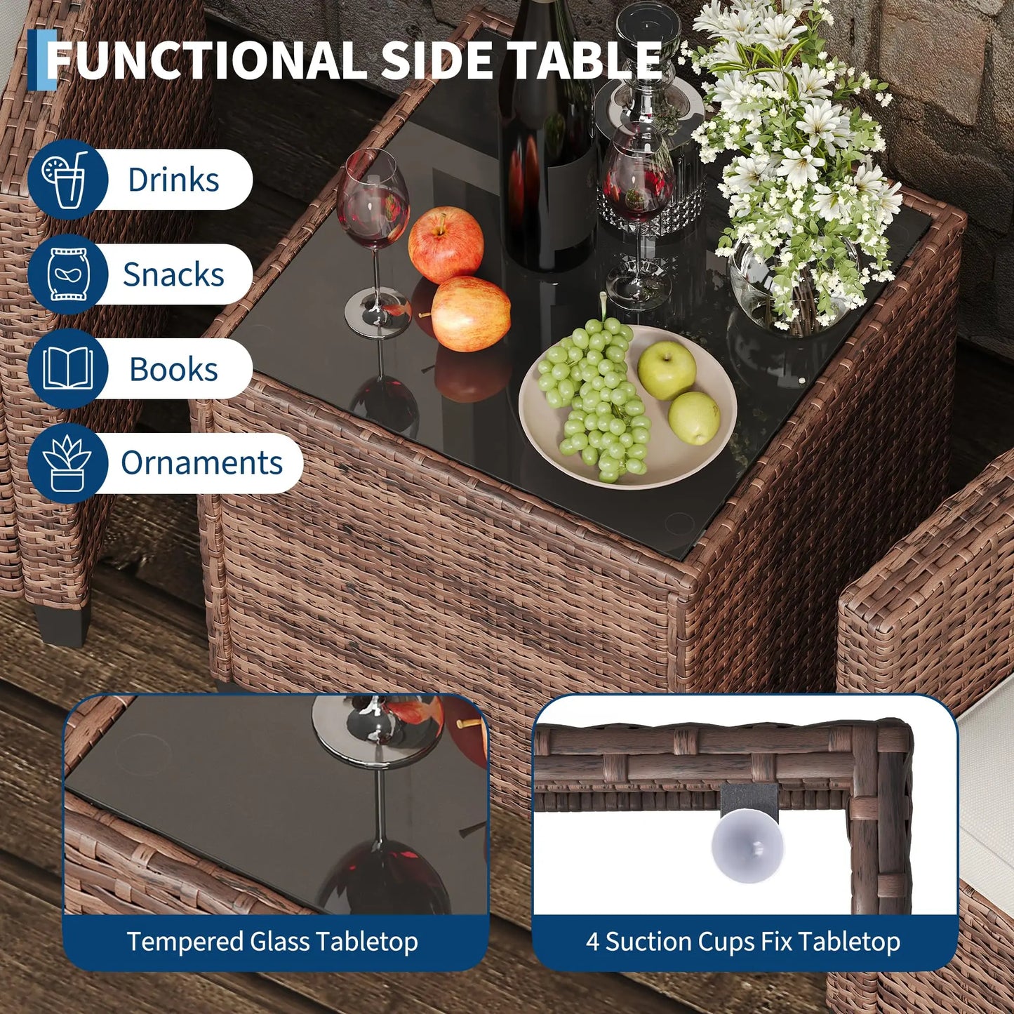 3-Piece Wicker Patio Furniture Rattan With Coffee Table
