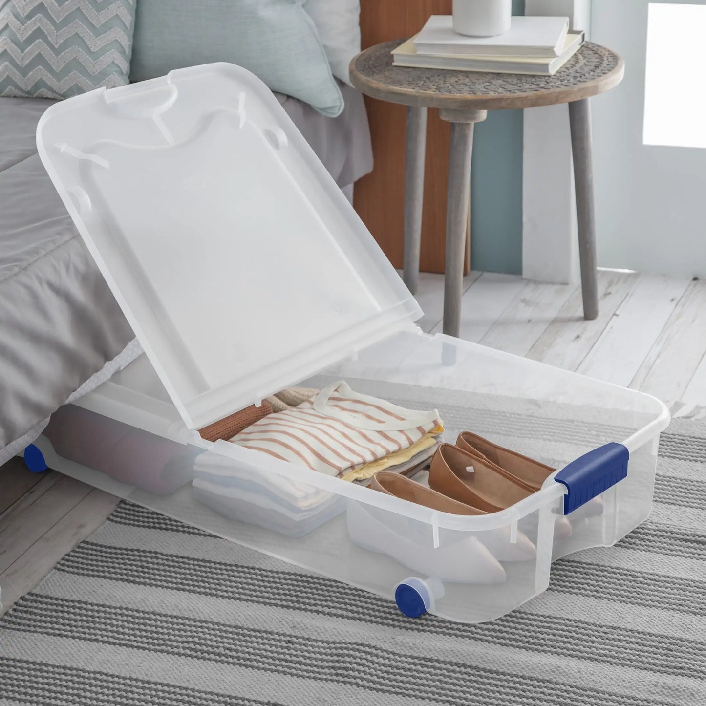 Underbed Wheeled Storage Bin, Clear Plastic with Latch Lid