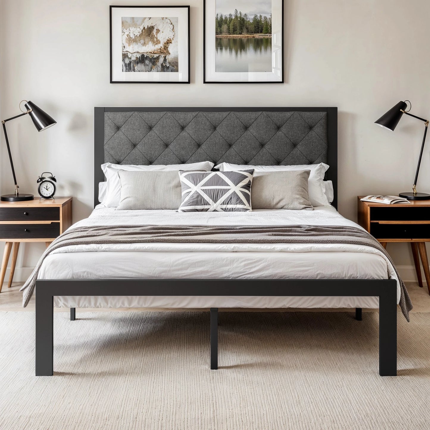 Bed Frame with Upholstered Headboard, No Box Spring Needed