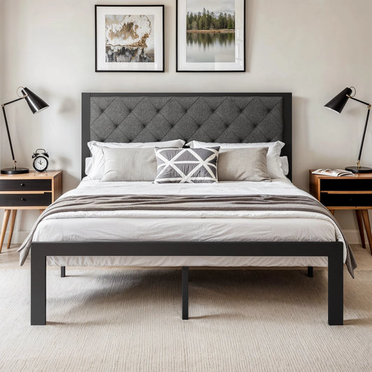 Bed Frame with Upholstered Headboard, No Box Spring Needed