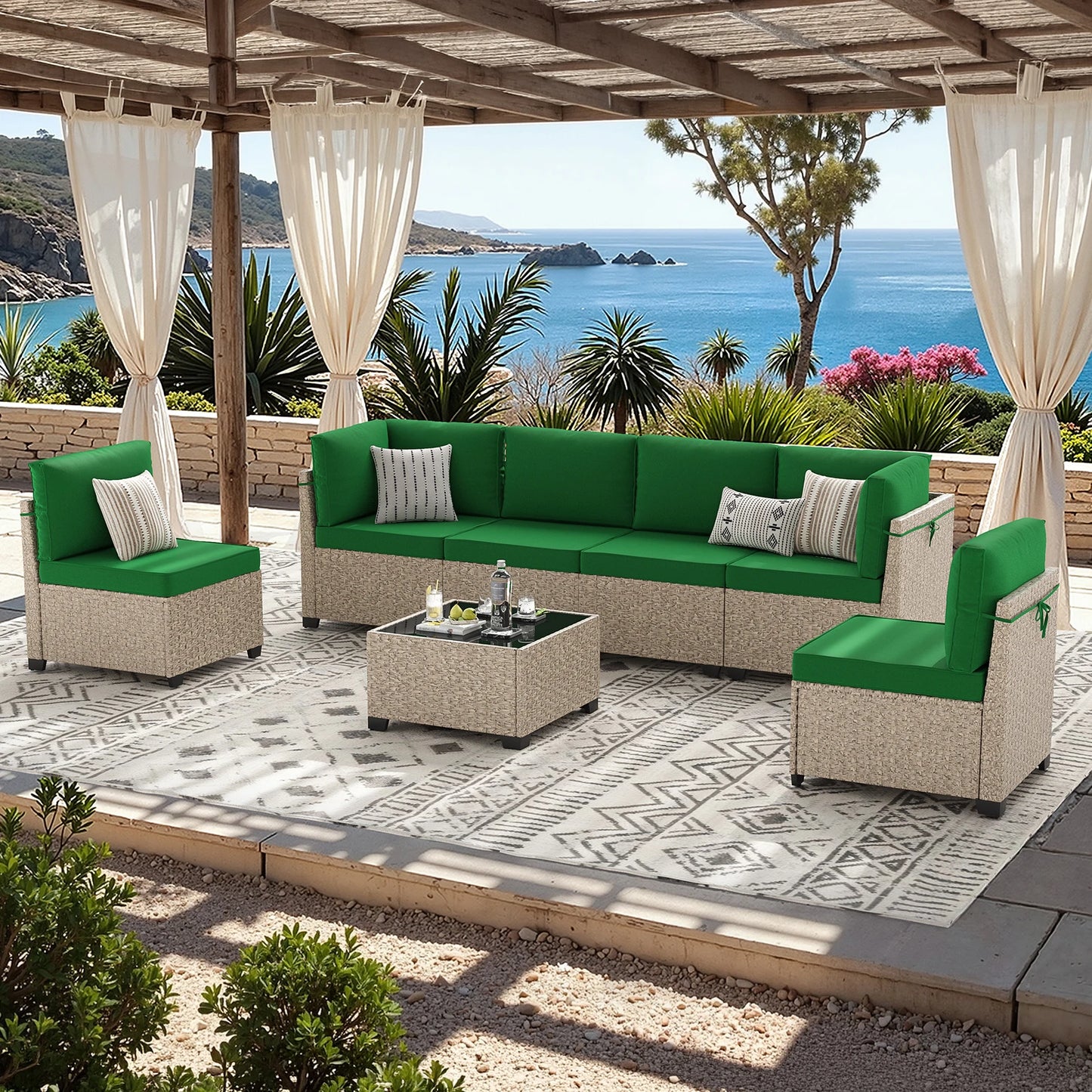 7-Piece Patio Furniture Set, Rattan Sectional Sofa with Glass Table,