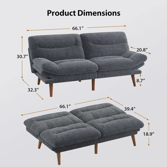 Futon Sofa Bed, 66 Inch Corduroy Futon Couch Convertible with Adjustable Backrest and Armrests, Recliner Sleeper, Customized