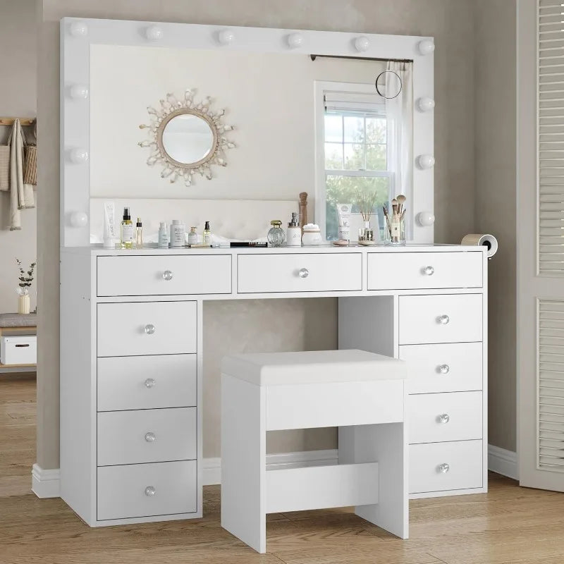 Vanity Desk & Power Mirror LED Lights, 11 Drawers, and Chair