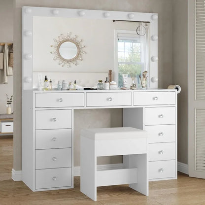 Vanity Desk & Power Mirror LED Lights, 11 Drawers, and Chair