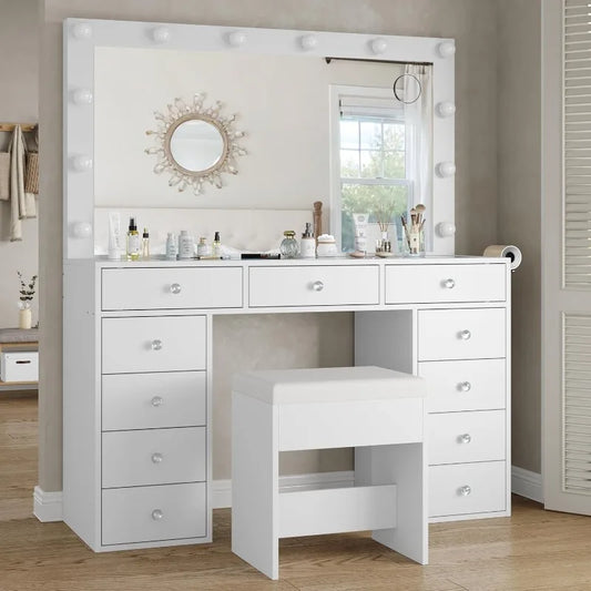 Vanity Desk & Power Mirror LED Lights, 11 Drawers, and Chair