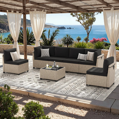 7-Piece Patio Furniture Set, Rattan Sectional Sofa with Glass Table,