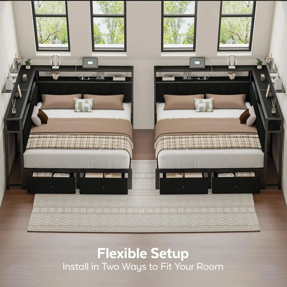 Queen Corner Bed Frame with Storage Drawers LED Lights USB Charging Station