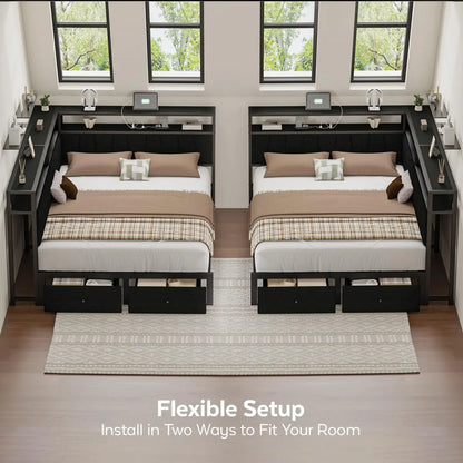 Queen Corner Bed Frame with Storage Drawers LED Lights USB Charging Station