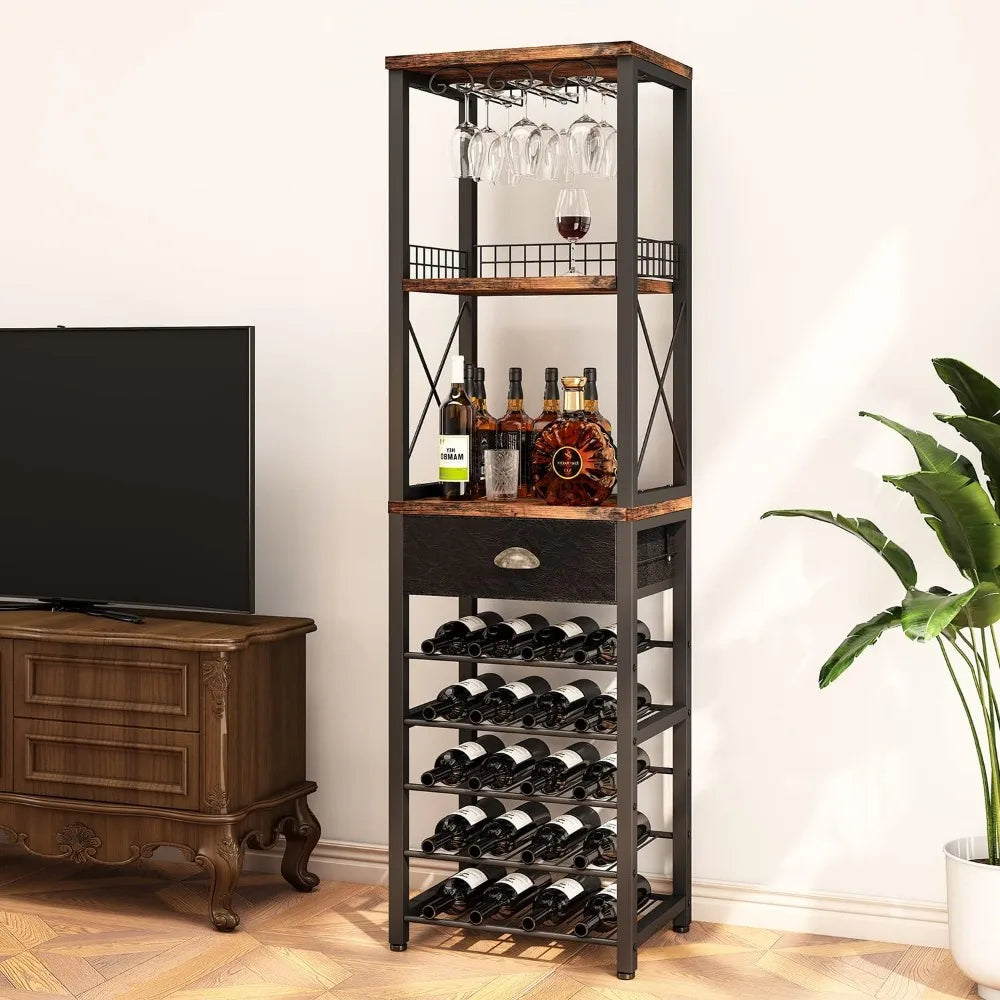 Wine Rack, Tabletop, Glass Holder & Drawer,