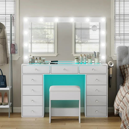 Vanity Desk with Lights, 47 Inch Mirror, and Drawers