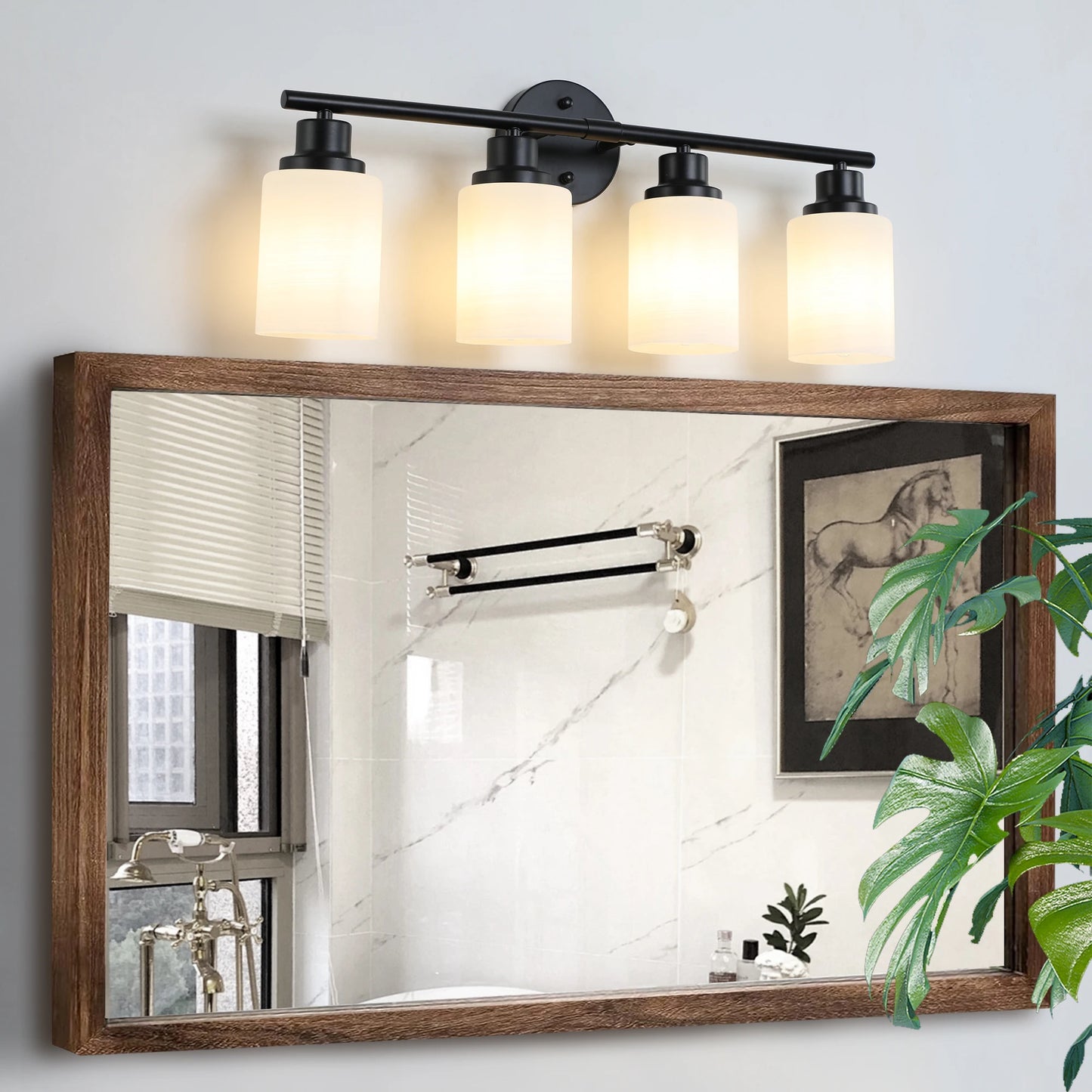 Bathroom Mirror Light, Frosted White Glass Lampshades with Black Iron Frame