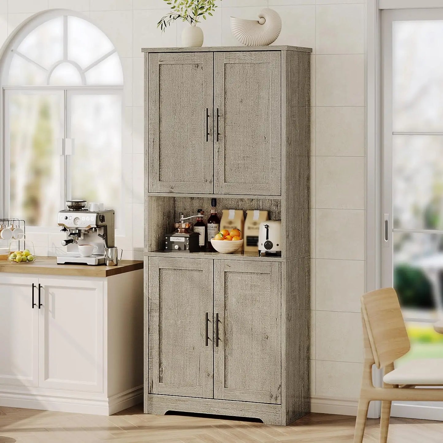 Freestanding Storage Cabinet with 4 Doors and Adjustable Shelves