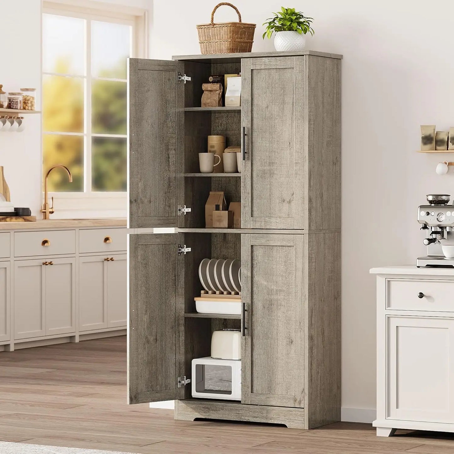 Freestanding Storage Cabinet with 4 Doors and Adjustable Shelves
