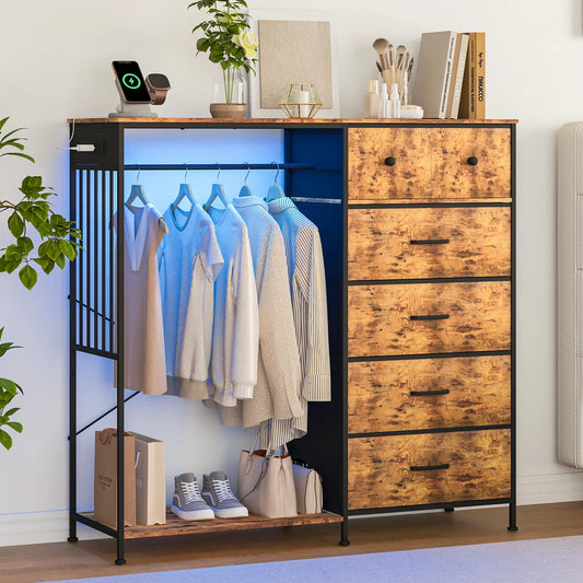 Chest of Drawers, 6 Drawers Hanging Rack Dresser w/LED Lights & Charging Station