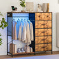 Chest of Drawers, 6 Drawers Hanging Rack Dresser w/LED Lights & Charging Station