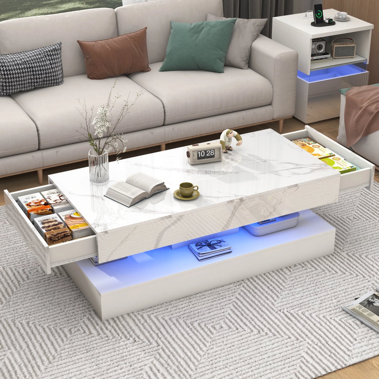 Coffee Table with LED lights, Double-Layer Design with Storage Drawers