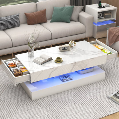 Coffee Table with LED lights, Double-Layer Design with Storage Drawers