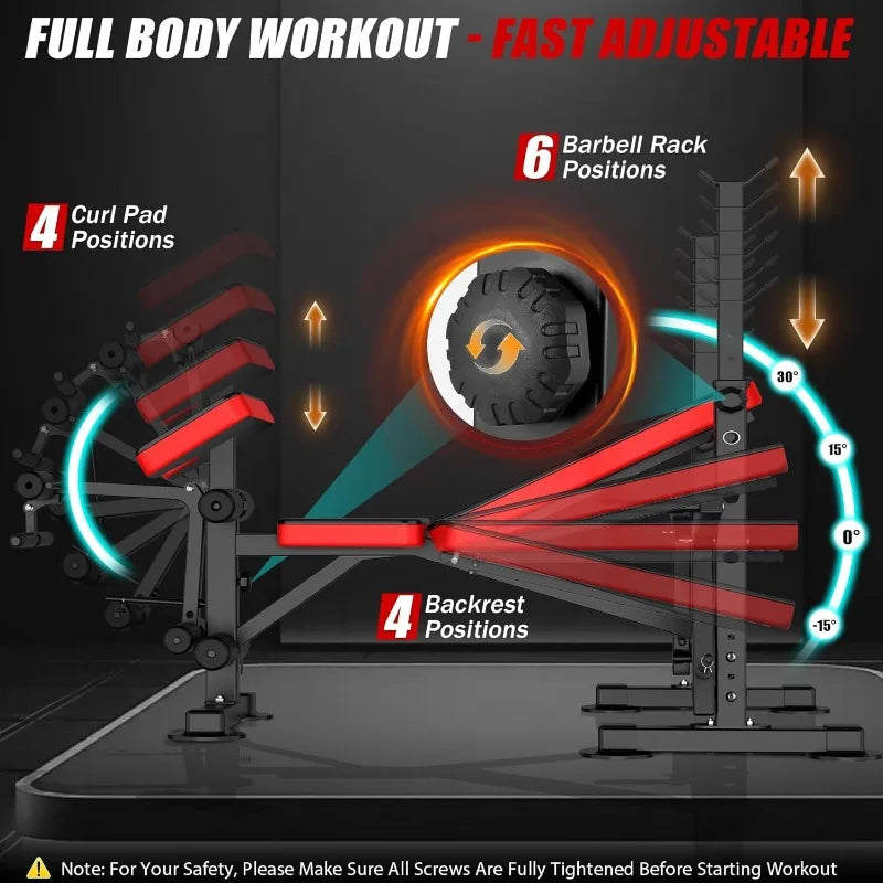 Foldable Weight Bench with Leg Extension/Leg Curl, Squat Rack