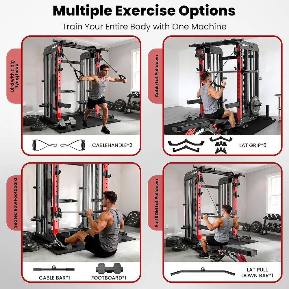 Power Cage Smith Machine with 2000LB Squat Rack Cable System