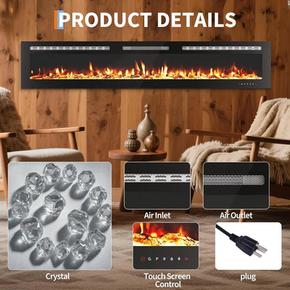 60-Inch Electric Fireplace Wall-Mounted with Remote & Touch Screen
