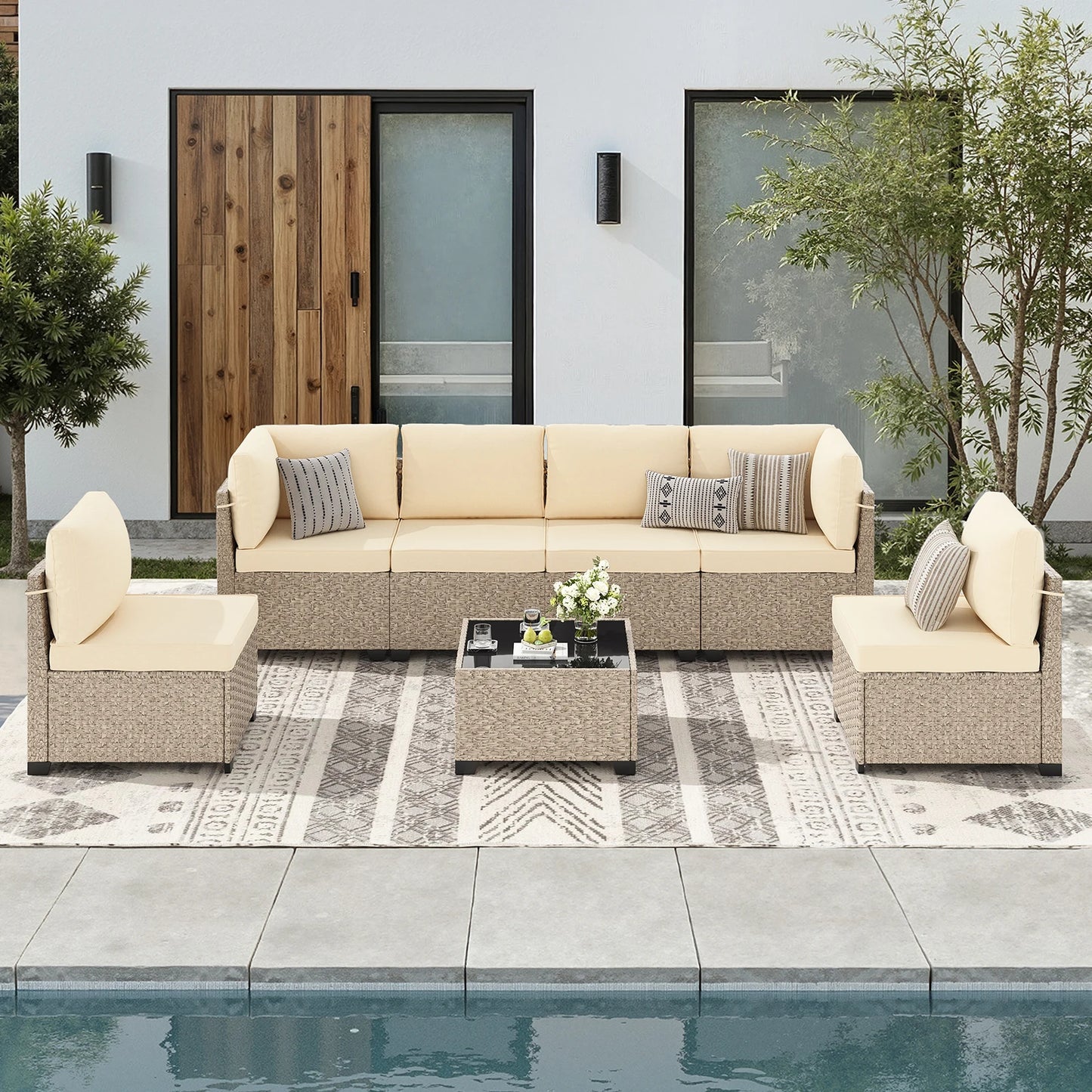 7-Piece Patio Furniture Set, Rattan Sectional Sofa with Glass Table,