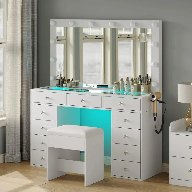 Vanity Desk with Lights, 47 Inch Mirror, and Drawers