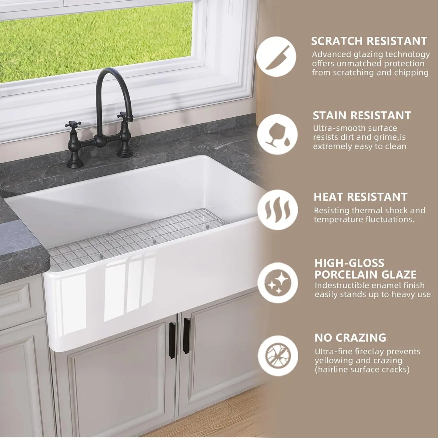 30-Inch White Farmhouse Kitchen Sink with Apron Front, Single Bowl, and Modern Accessories