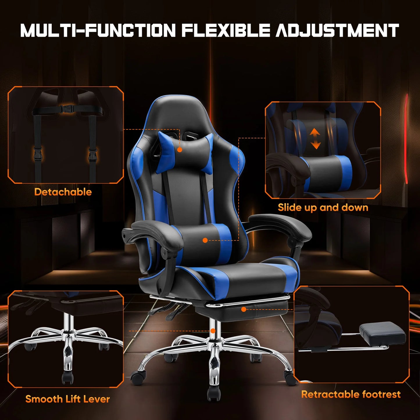 Chair Adjustable Swivel, Leather with Headrest and Lumbar Support