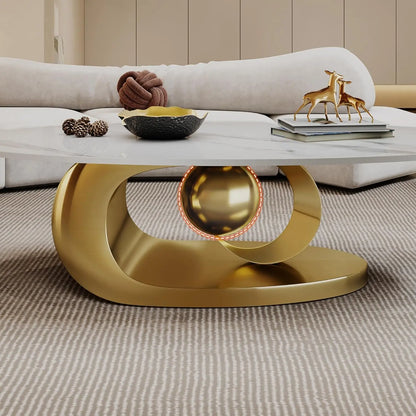 Coffee Table with Silver Stainless Steel Pedestal,Oval with Faux Marble Top