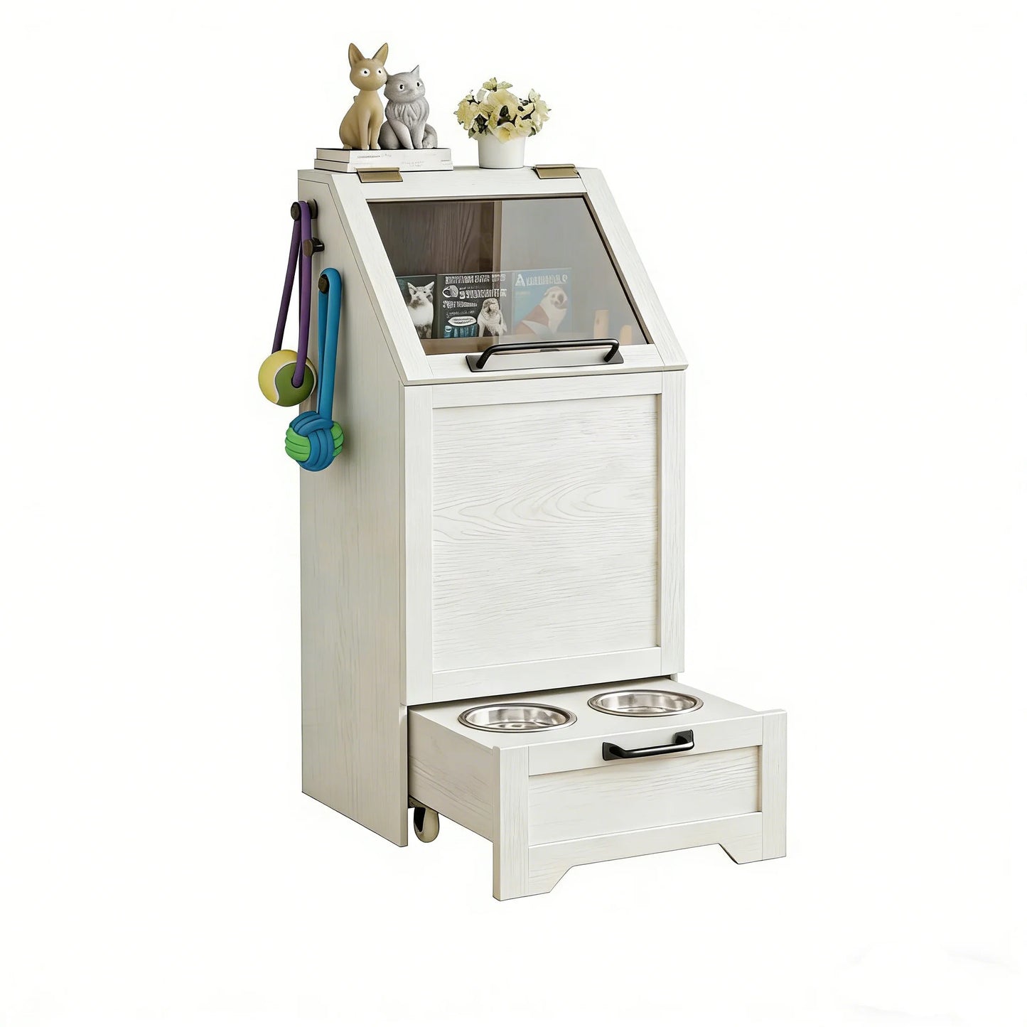 Dog Food Station with, Raised Bowls, Food Storage Cabinet