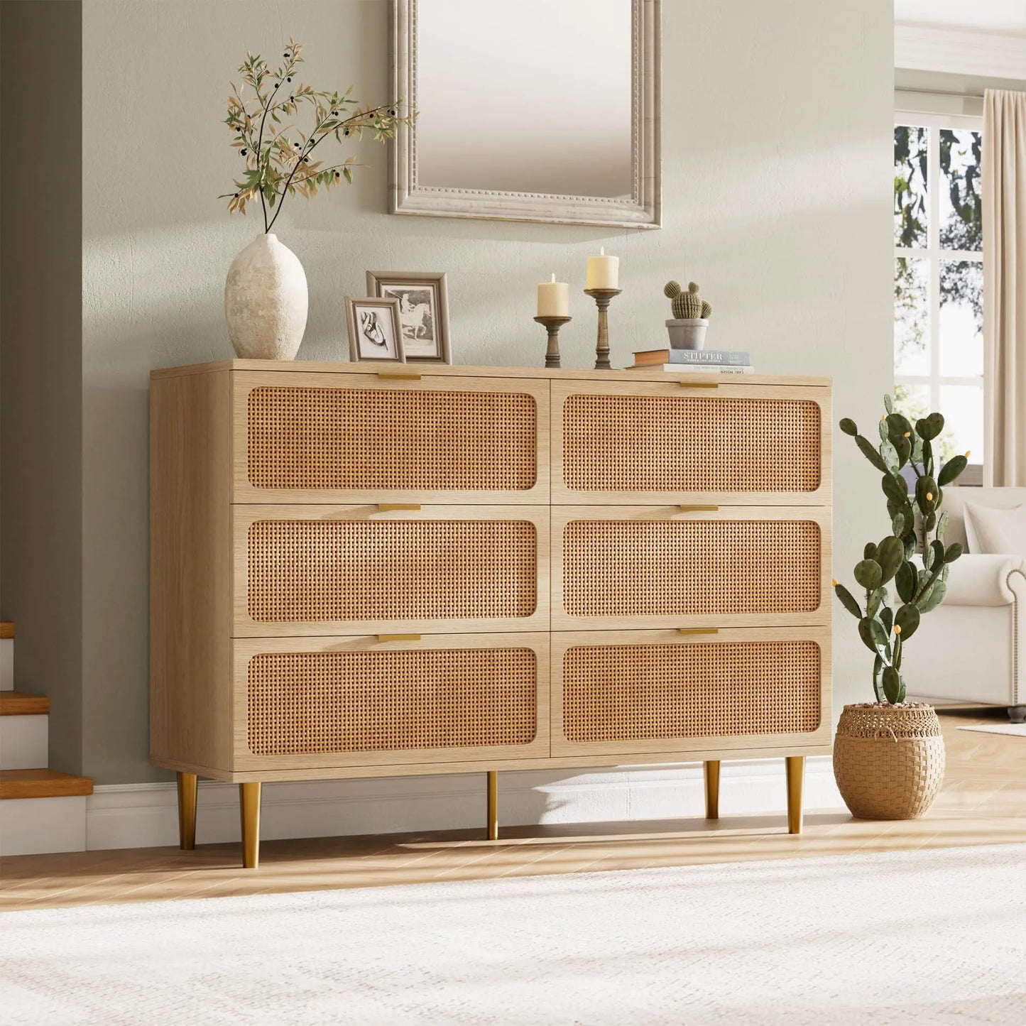 Natural Hand-Woven Rattan & Wood Dresser With Deep Drawers