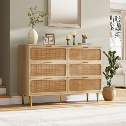 Natural Hand-Woven Rattan & Wood Dresser With Deep Drawers