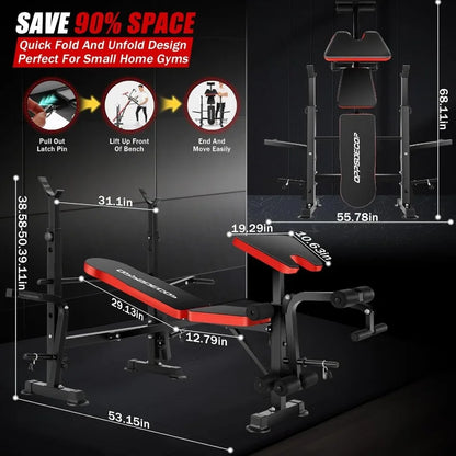 Foldable Weight Bench with Leg Extension/Leg Curl, Squat Rack