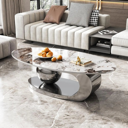 Coffee Table with Silver Stainless Steel Pedestal,Oval with Faux Marble Top