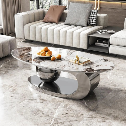 Coffee Table with Silver Stainless Steel Pedestal,Oval with Faux Marble Top
